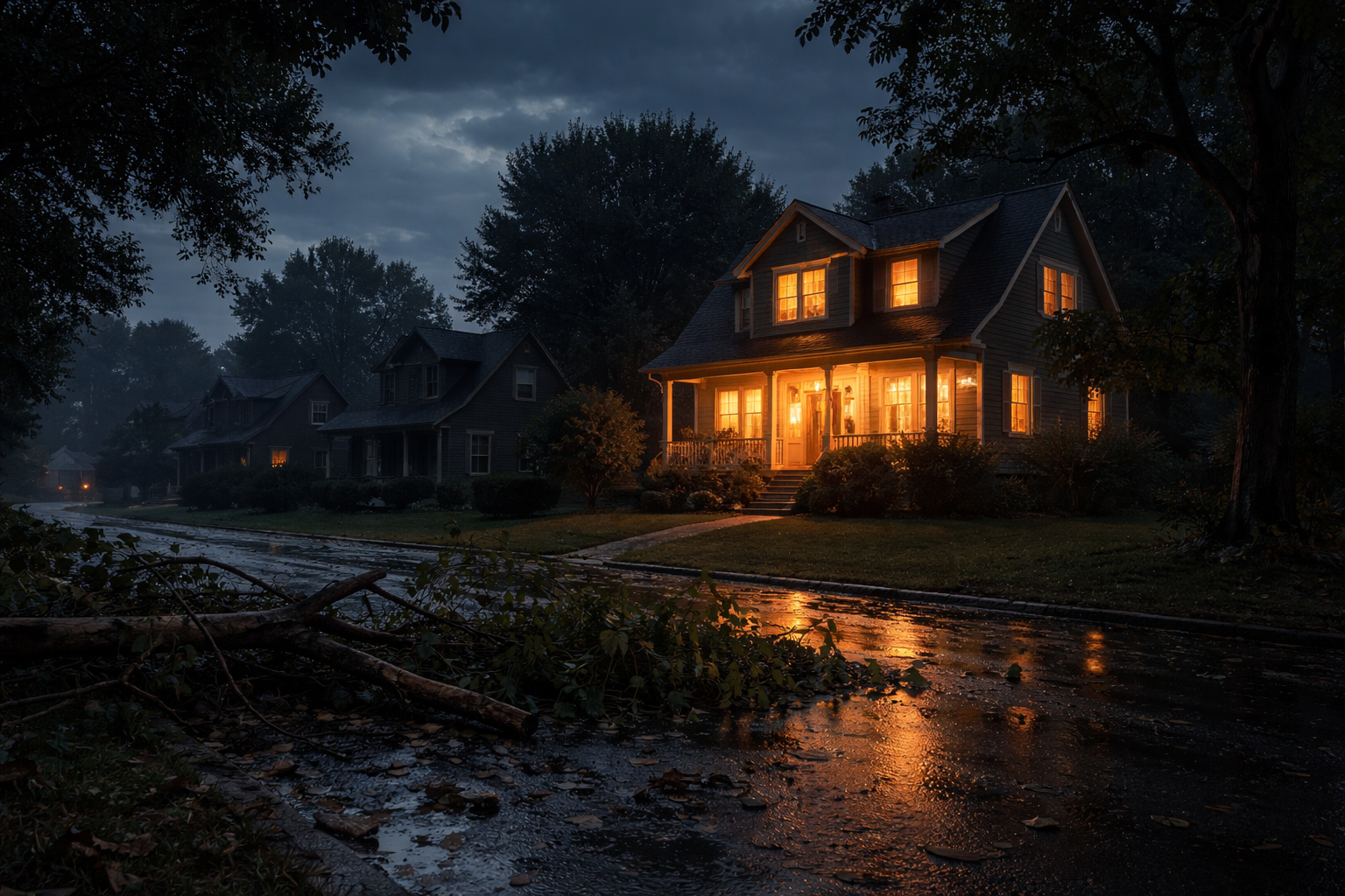A single house glowing with warm light during a neighborhood power outage after a storm